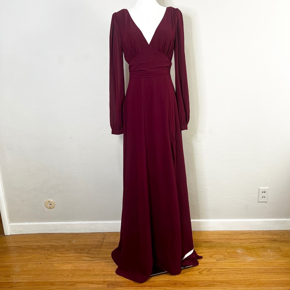 Lulus All‎ My Life Burgundy Long Sleeve Deep V Neck Maxi Dress Size Small